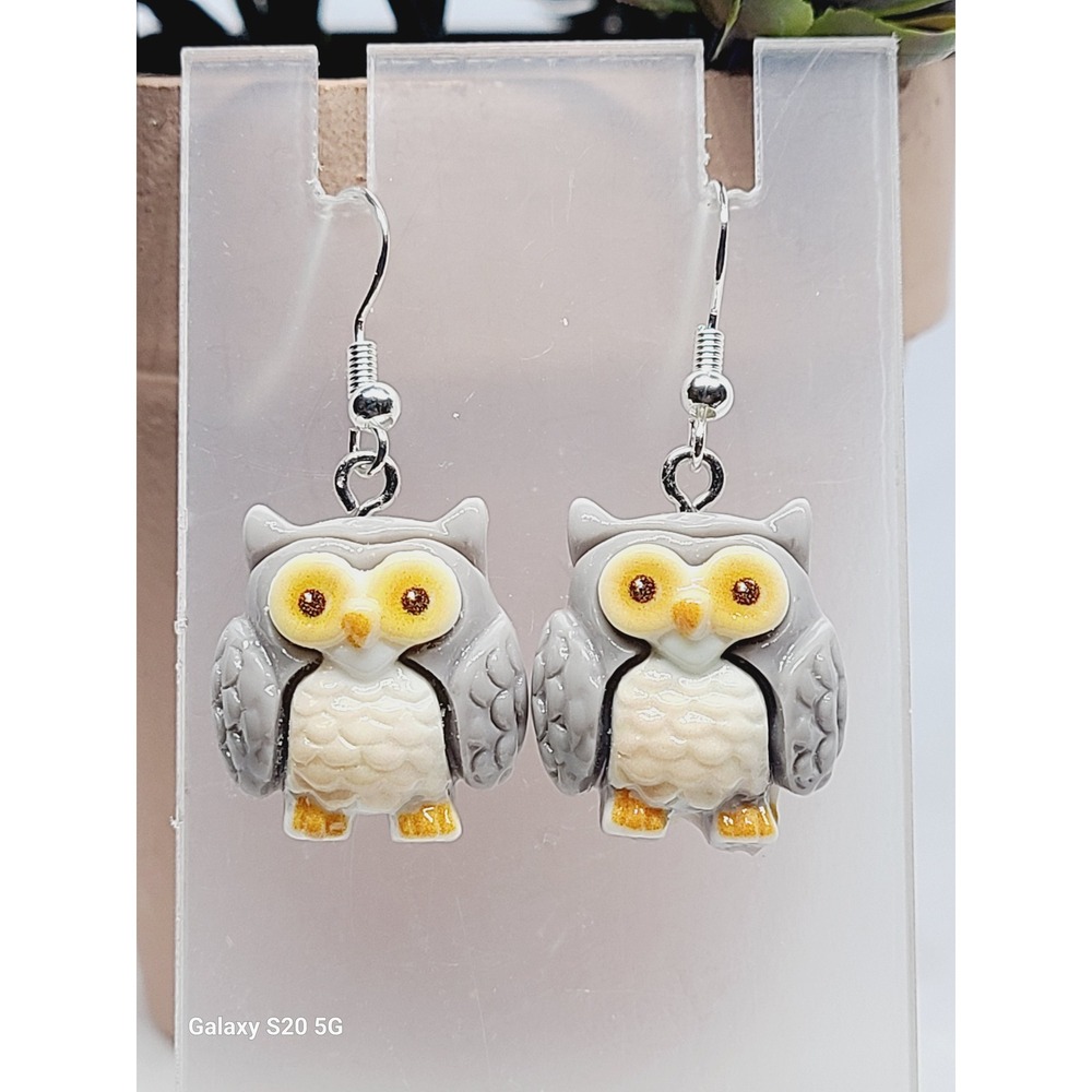 Grey Owl Drop Earrings Whimsical Bird Nature Silver Tone Fishhook‎ Dangle